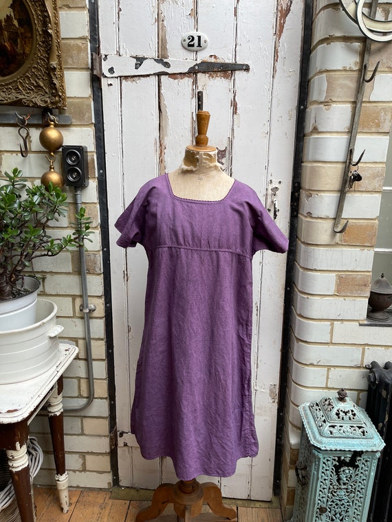 Antique French Purple Linen Cotton Metis Shift Dress Size S/M