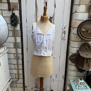 Antique French white cotton blouse with crochet lace top size S