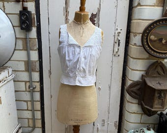 Antique French white cotton blouse with crochet lace top size S