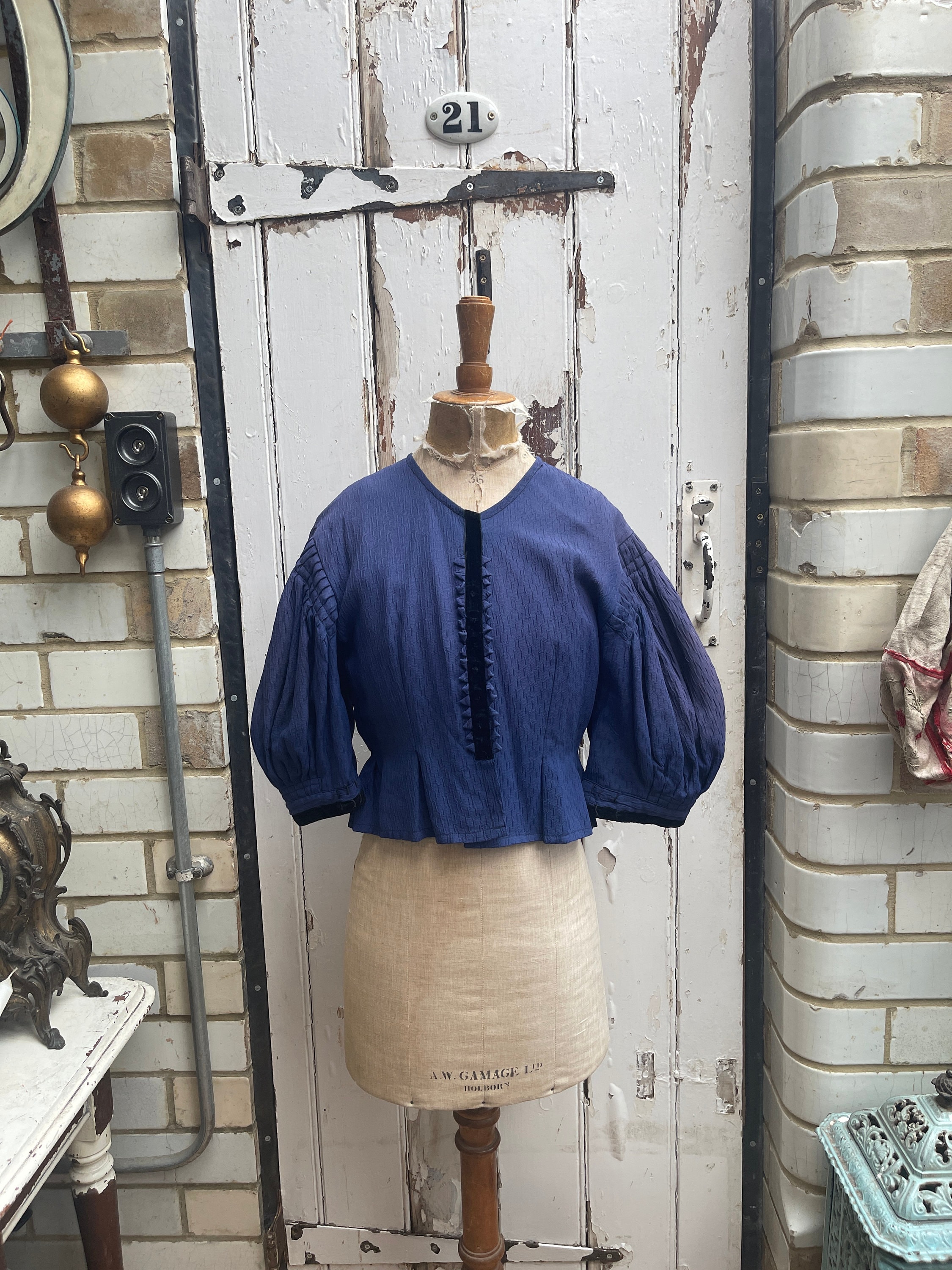 Antique Dutch handmade blue wool silk fitted short jacket with blue check cotton lining size S