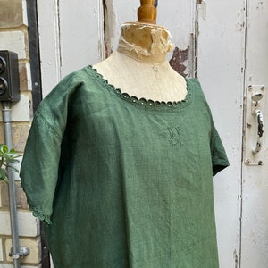 Antique French green linen shift dress initials DP size M image 9