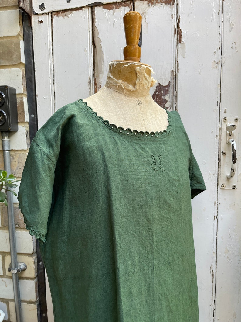 Antique French green linen shift dress initials DP size M image 9