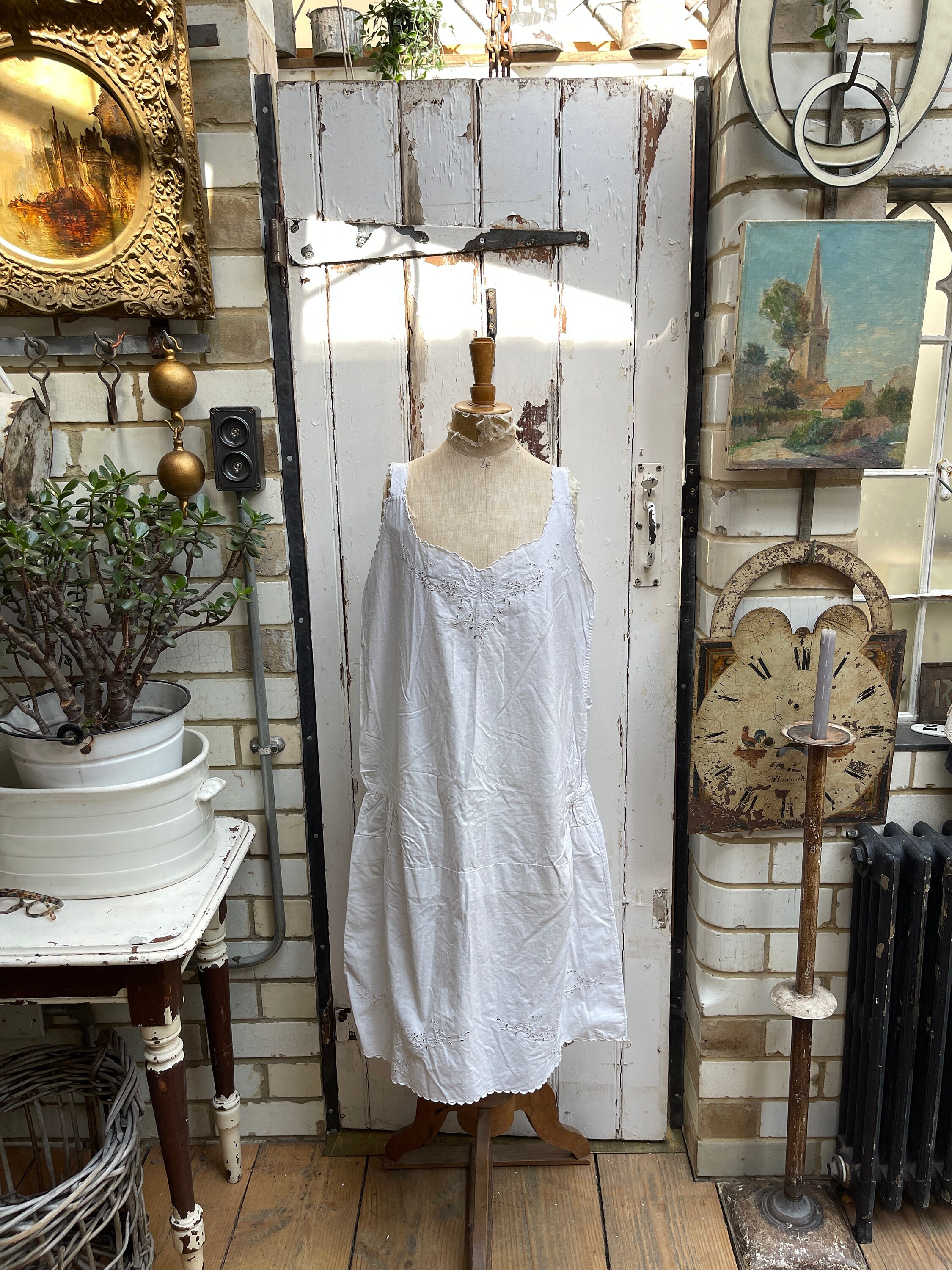 Antique white cotton slip dress with embroidery with butterfly and side pleats size M