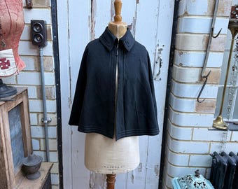 Antique French handmade black wool short cape