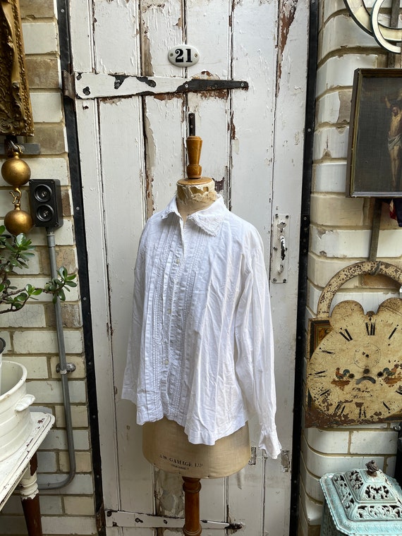 Antique French white cotton blouse size L - image 10