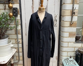 Antique vintage French black cotton chores coat long jacket size M UK 12
