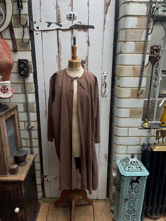 Antique French Brown Linen Cotton Metis Long Jacket Housecoat Size