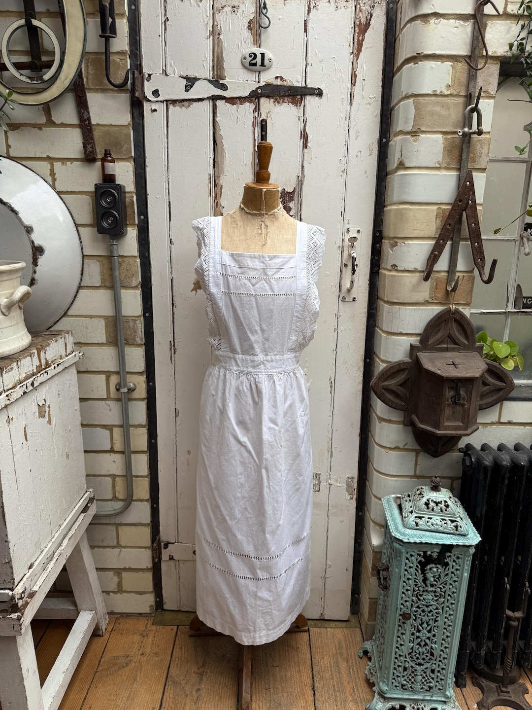 Antique White Cotton Pinafore Apron With Lace Trim at Shoulders