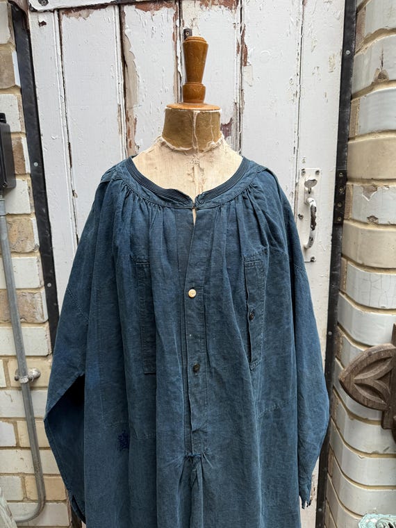 Antique French Handmade Indigo Blue Linen Biaude Smock With Front