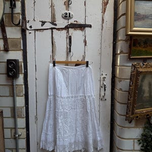 Antique French handmade white cotton skirt with lace hem initials STH size S