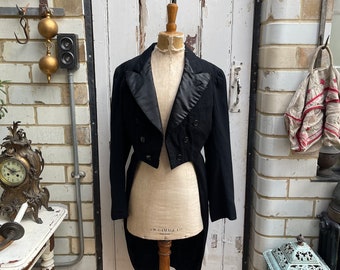 Antique French Roger Darsay Paris long black wool mourning morning jacket coat with tails size S