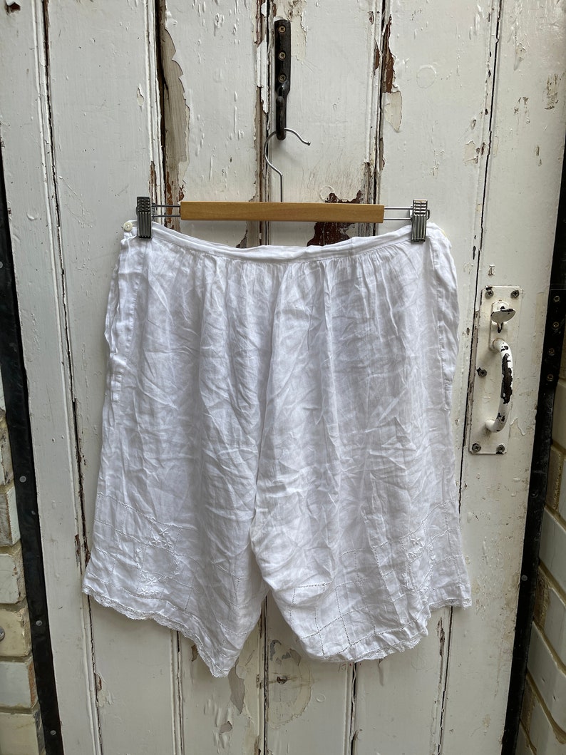 Antique French lingerie white soft cotton voile shorts with embroidery and lace trim size M/L image 6