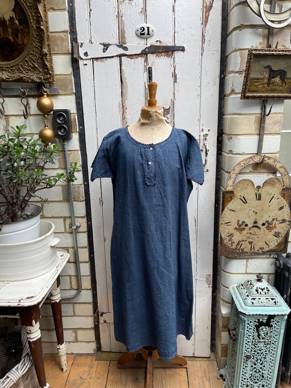 Antique French blue linen dress size M - image 1
