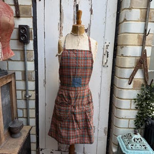 Antique vintage French handmade brown check pinafore apron size S