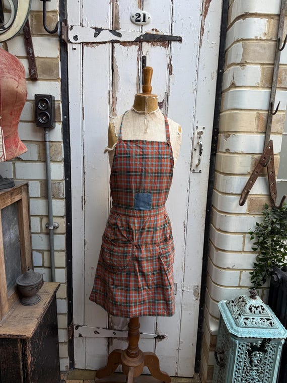 Antique Vintage French Handmade Brown Check Pinafore Apron Size S 