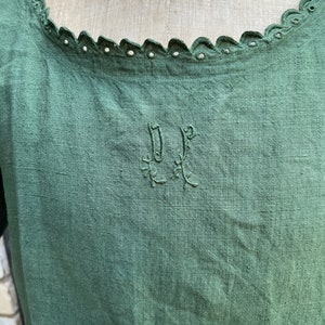 Antique French green linen shift dress initials DP size M image 3