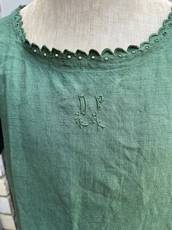 Antique French green linen shift dress initials D… - image 3