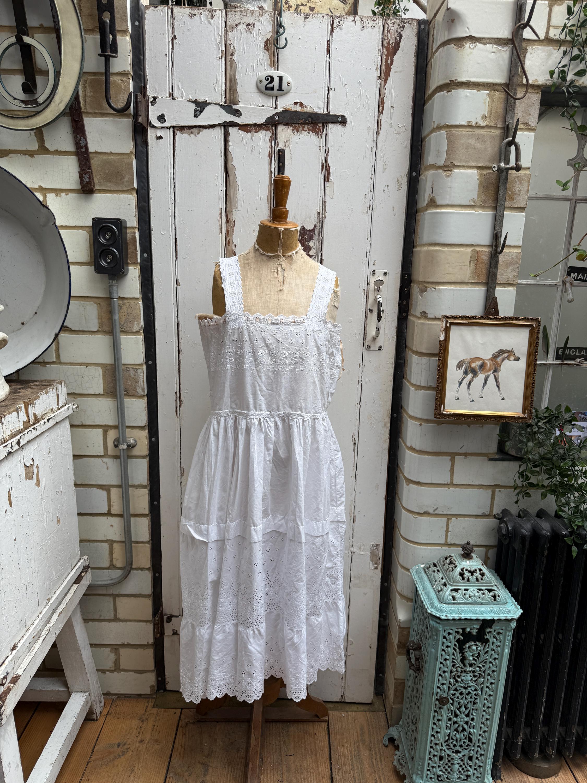 Antique French white cotton slip dress with embroidery and cut out detail size S
