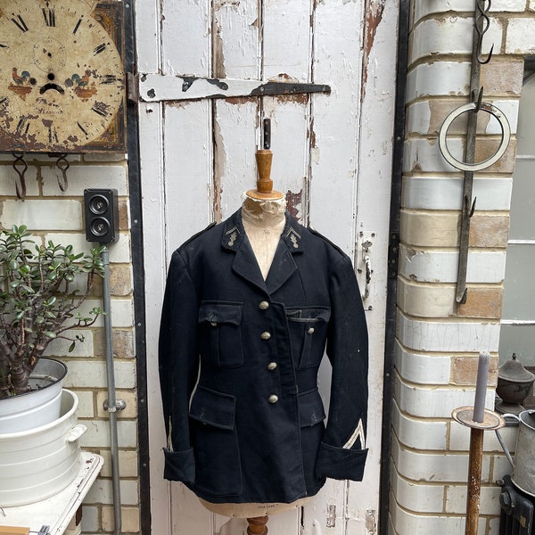 Antique French navy blue Pompiers firefighters jacket coat size S/M - shabby