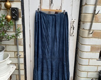 Antique handmade long blue cotton skirt with embroidery detail at hem size M/L