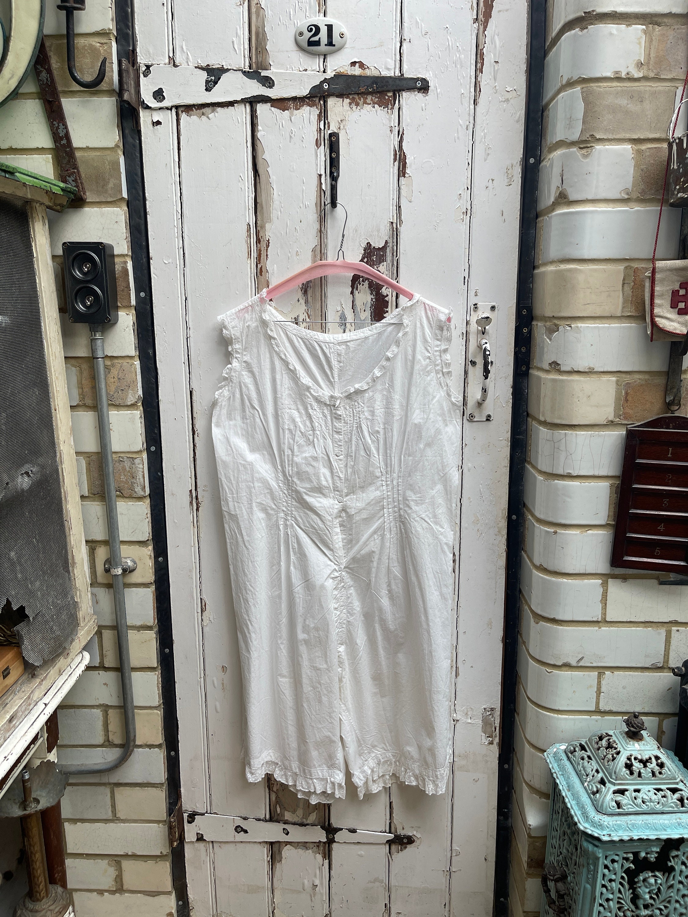 Antique white cotton lingerie camisole and shorts playsuit all in one size M/L