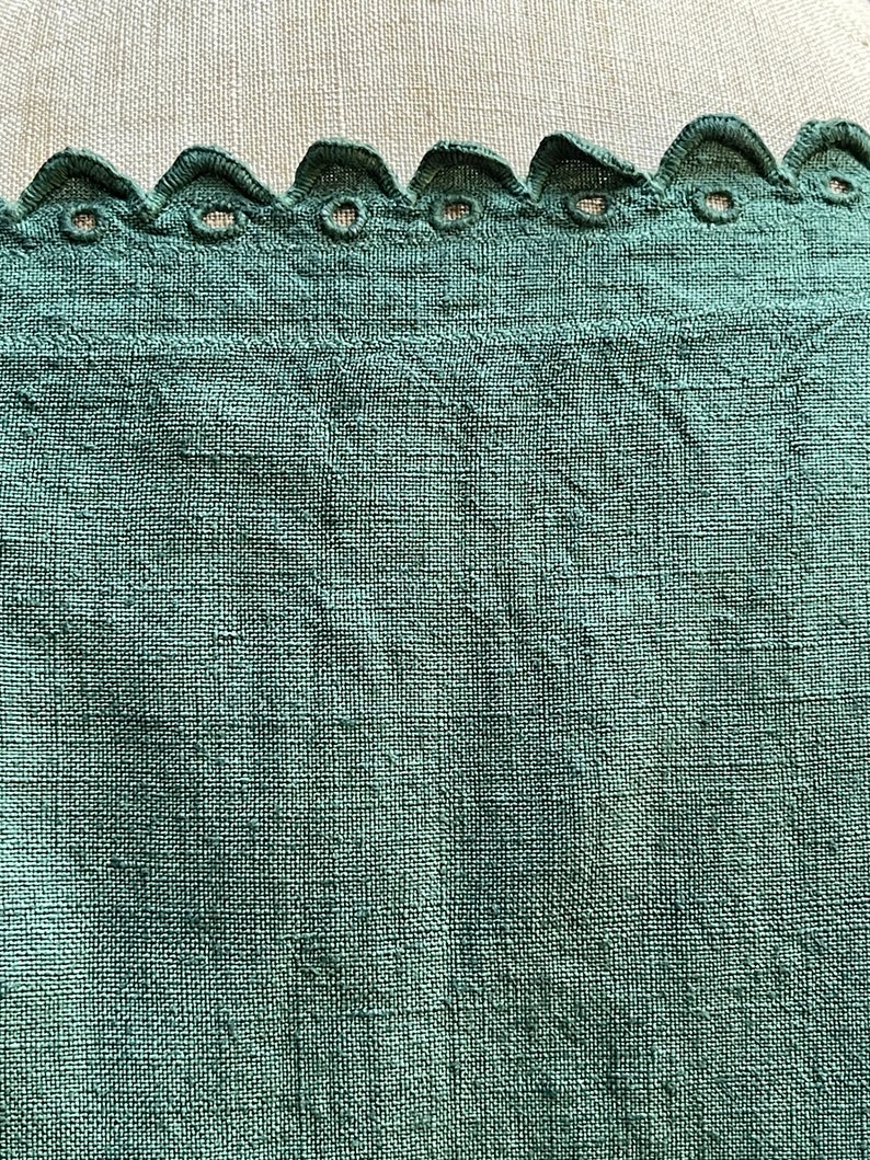 Antique French green linen shift dress initials DP size M image 8