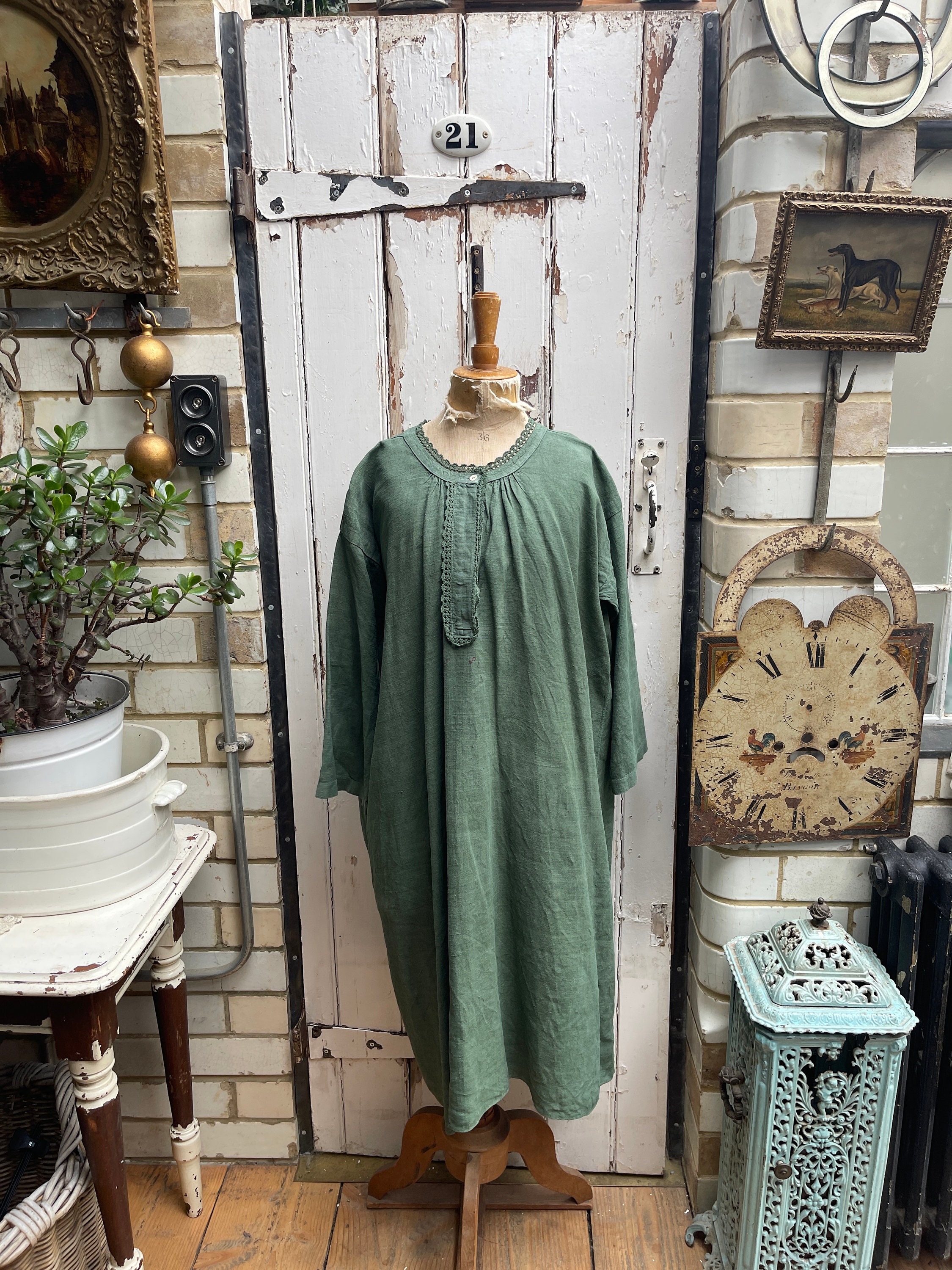 Antique French Green Linen Dress Initials ES Size L