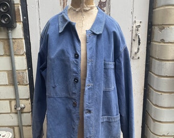 AU FUSIL　コットンフレンチワークジャケット Antique French Au Fusil blue cotton chores jacket coat with mends