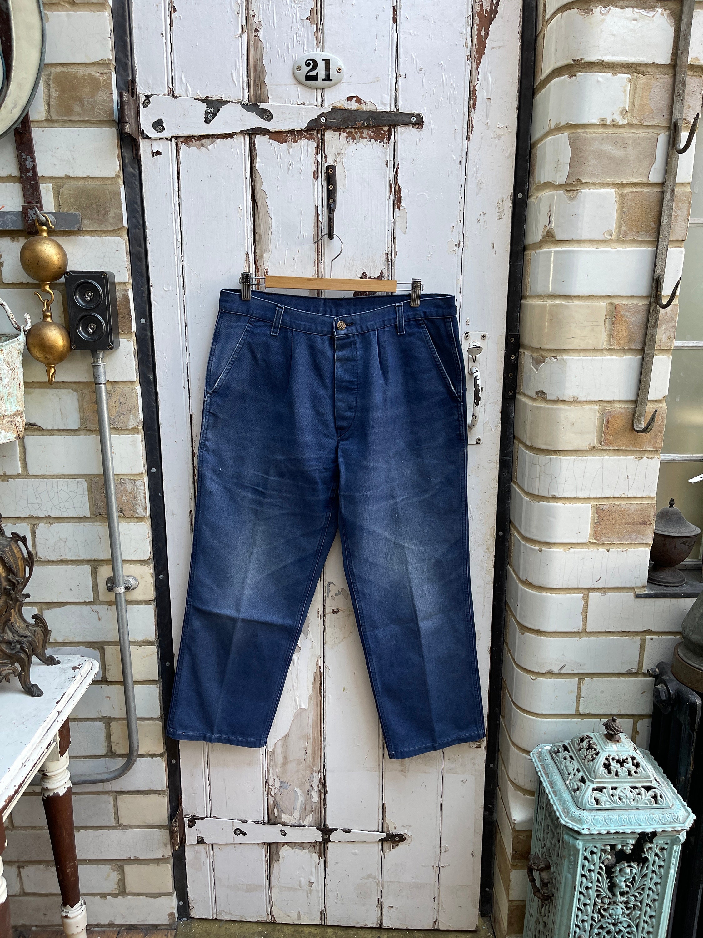 Antique Vintage French Blue Cotton Workwear Chores Trousers Size M