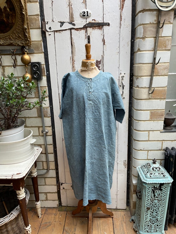Antique French faded sea green linen flax dress i… - image 1
