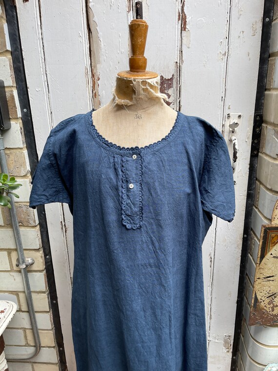 Antique French blue linen dress size M - image 2