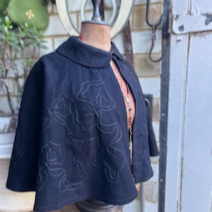 Antique Cape Cloak Black Velvet + Wool C1840 French Textile Antique Cape Cloak Black Velvet + Wool C1840 French Textile