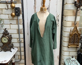 Antique French green linen smock tunic dress initials BH size L