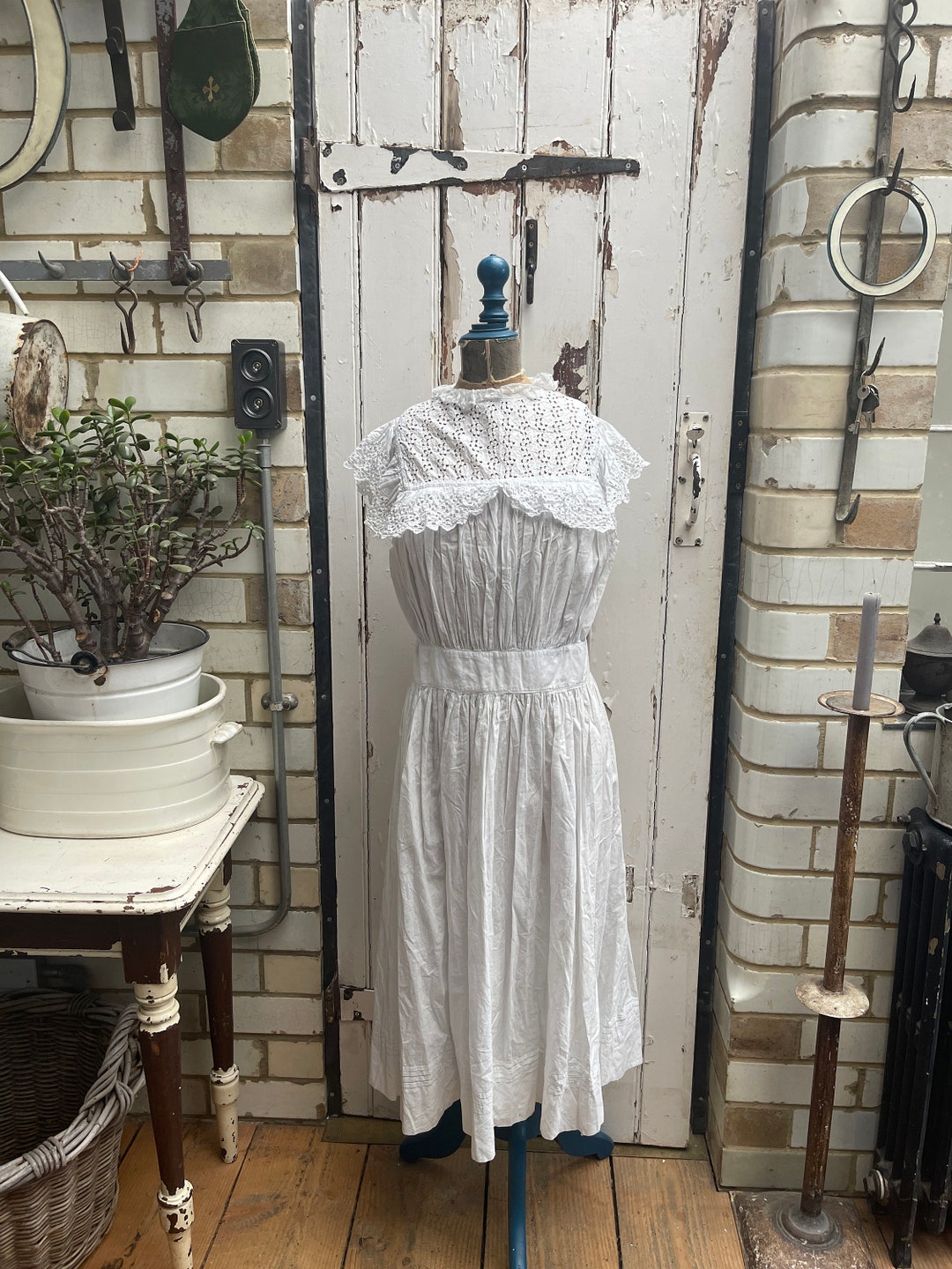 Antique White Cotton Apron Dress With Lace Bib Size S Etsy