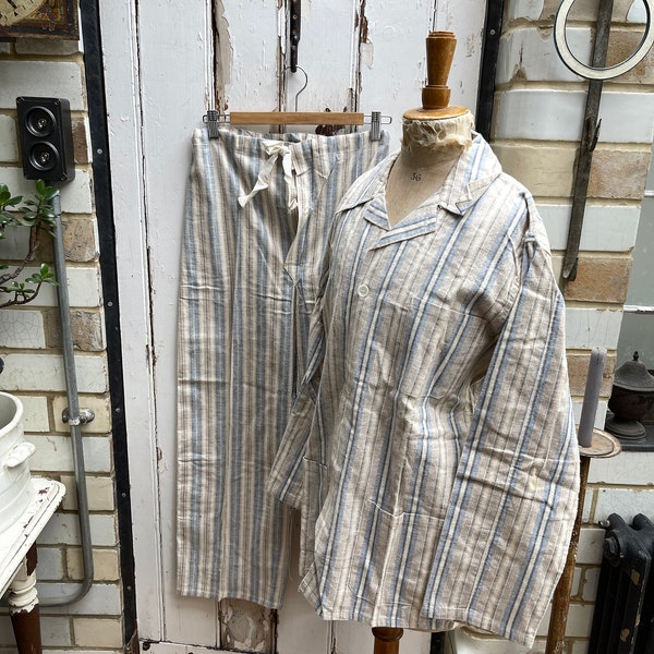Veste et pantalon de pyjama chaud en coton gratté à rayures beige vintage bleu français antique taille 110 M