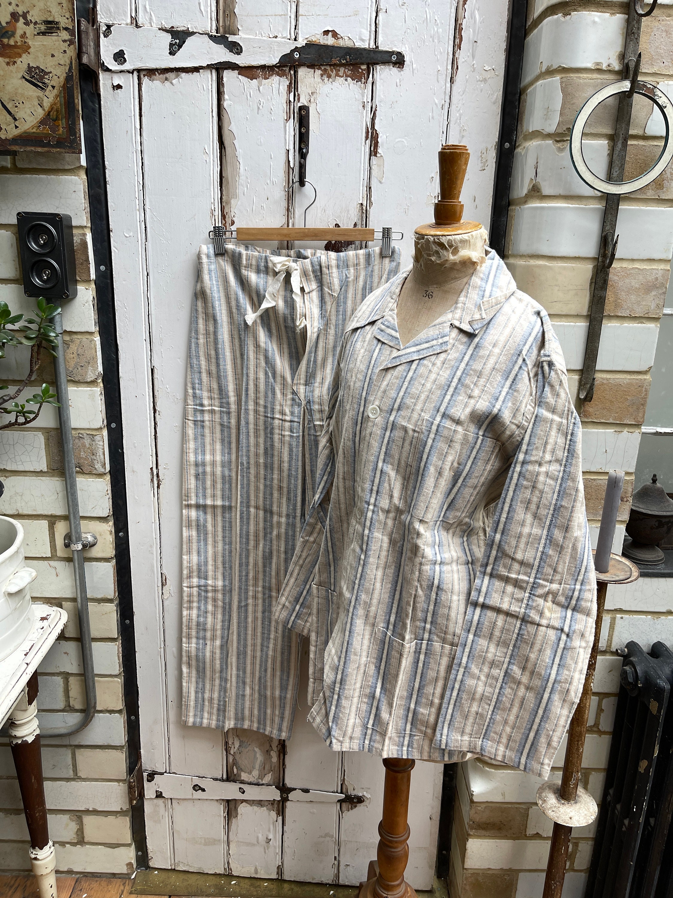 Kocabey Vintage 70s Mens Striped Pajamas . Pjs Printed Cotton Shirt Pants  Retro 