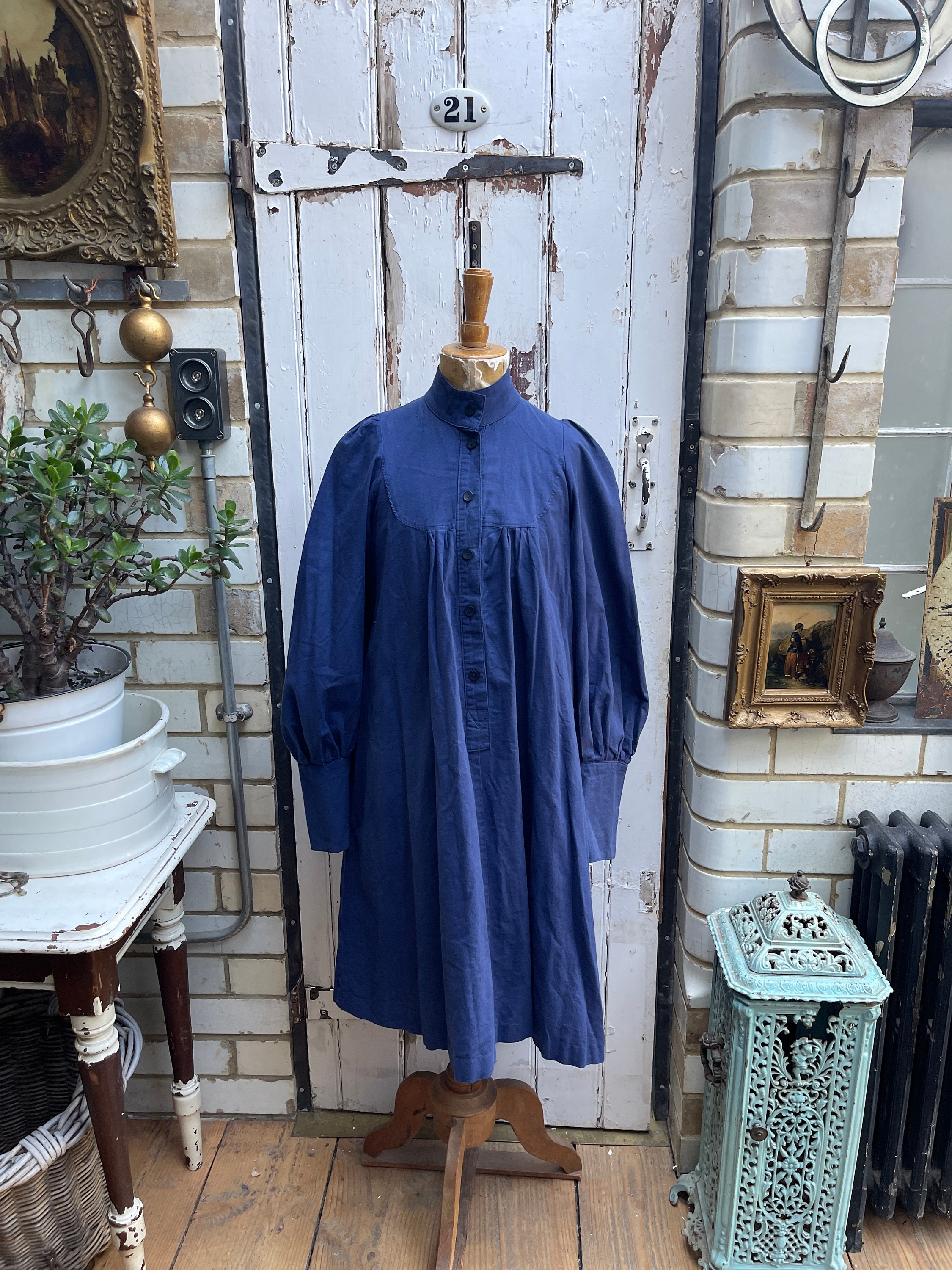 Vintage Laura Ashley 2nd label 70s dark blue cotton high neck dress smock size 12 (UK 10)