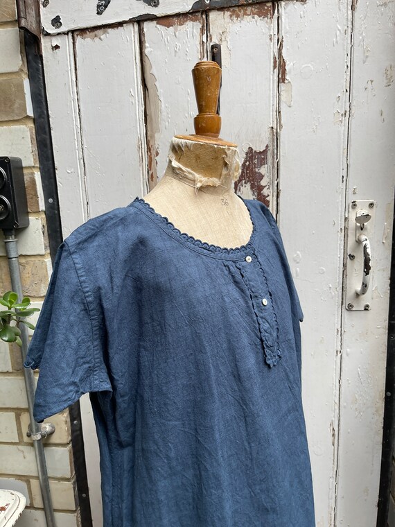 Antique French blue linen dress size M - image 8