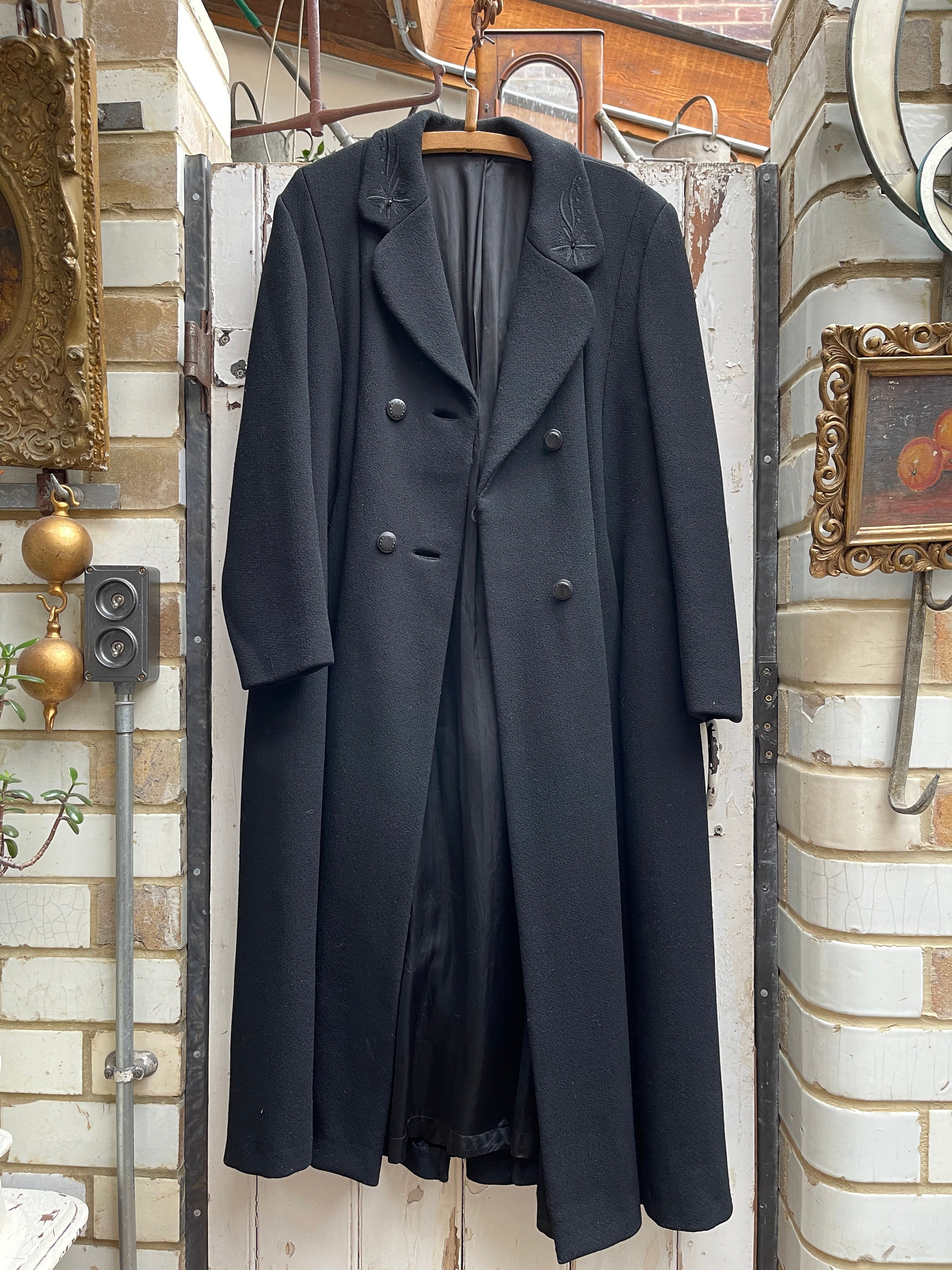 Antique Dutch Long Black Wool Coat With Embroidered Collar Size M