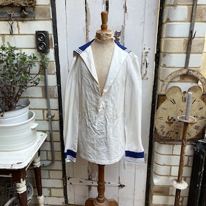 Antique vintage French white cotton sailor uniform top jacket blazer size S T1 1965