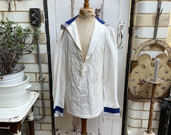 Antique vintage French white cotton sailor uniform top jacket blazer size S T1 1965