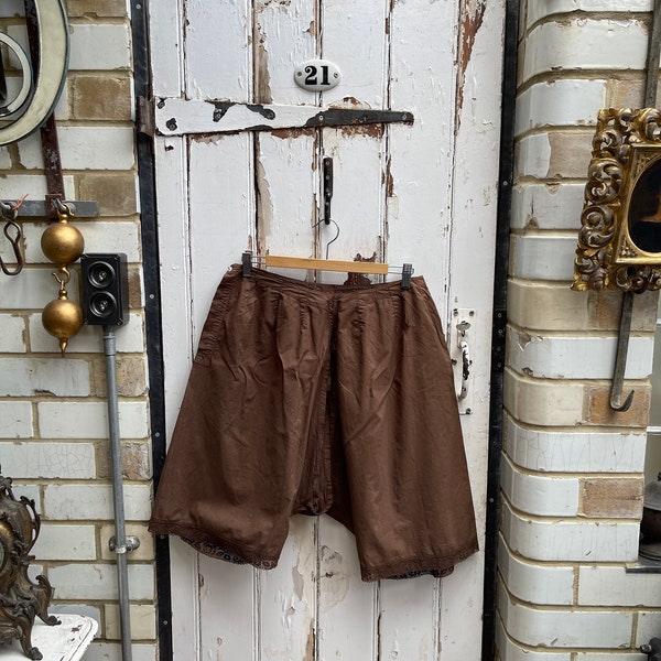 Antique French brown cotton lingerie bloomers with lace trim size M/L