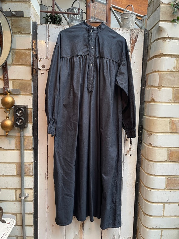 Antique long black cotton dress nightdress with l… - image 1