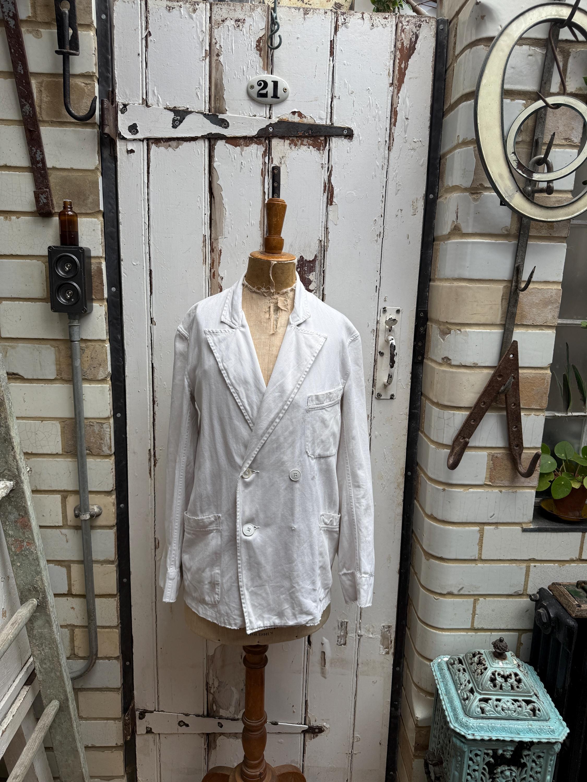 Antique French Boussac White Cotton Workwear Chores Coat Chef