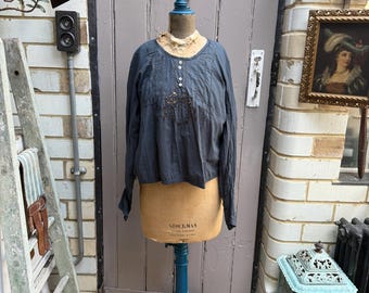 Antique French black grey cotton voile blouse size XS UK 8
