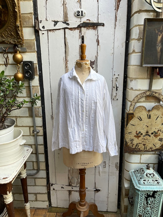 Antique French white cotton blouse size L - image 1