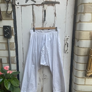 Antique long white cotton lingerie shorts bloomers with lace trim size S
