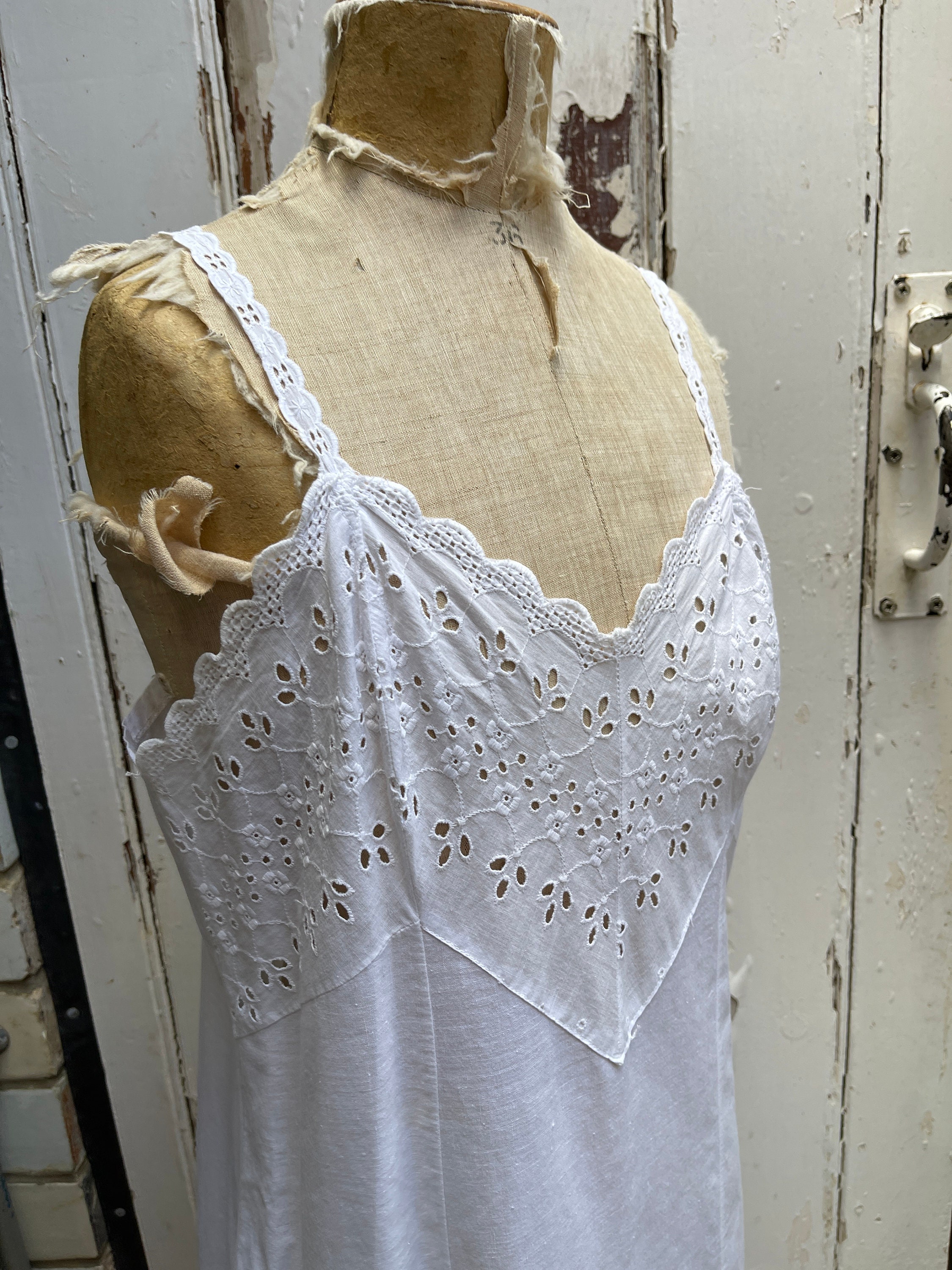 Vintage French White Cotton Slip Dress With Broderie Anglais Top and — free download