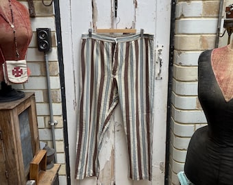 Vintage French mens warm blue brown striped cotton pyjama trousers size M