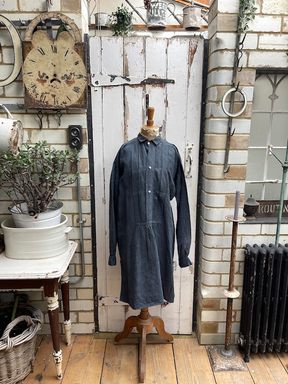 Antique French Grey Linen Shirt Dress Chemise With Handgathering at Front Size M L Etsy